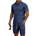 thumbnail image 1 of Men'S Short Sleeve Solid Color Workwear Button Down Shirt With Multiple Pockets And Cargo Shorts Set For Summer Casual Wear,Navy,XXL, 1 of 6
