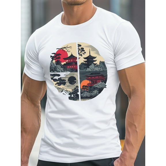 Men'S Short-Sleeve T-Shirt Featuring a Japanese Landscape Print, Perfect for Casual Summer Wear with a Comfortable And Lightweight Design.