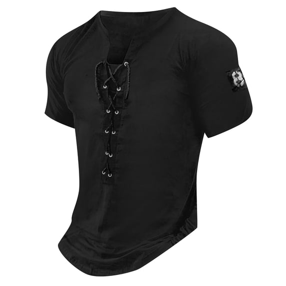 Men'S Short Sleeve T-Shirt Vintage Trend Graphic And Embroidered T-Shirt Drawstring Tie Classic Basic All-Match Tops
