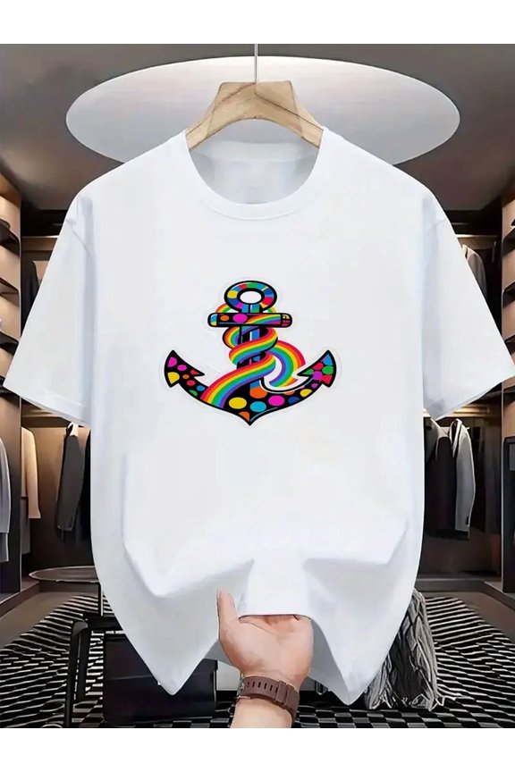 Men'S Short Sleeved T-shirt | Polka-dot Rainbow Anchor Pattern, Crew Neck, Slight Stretch Fabric, Casual Top for Summer