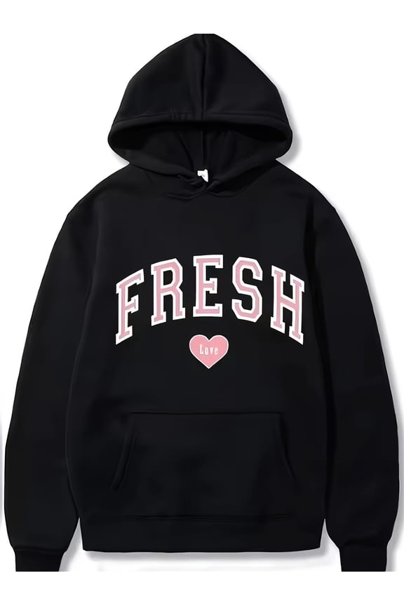 Men'S Slim-Fit Fresh Love Graphic Hoodie with Heart Design & Pink Accent Lettering - All-Season Comfort, Unisex Casual Pullover for Couples, Diwali, New Year, Parties - Soft Durable Fabric, Easy-Care