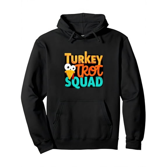 Men'S Slim-Fit Retro Turkey Trot Squad Graphic Hoodie - Black Thanksgiving Sweatshirt with Turkey & Pilgrim Hat Design, Long Sleeve Pullover for Fall Winter Casual Wear, Turkey Trot Parade & Holiday