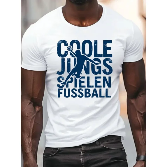 Men'S Soccer Player Graphic Tee - _Coole Jüngspiele_ Funny German Quote, Casual Crew Neck Short Sleeve T-Shirt, Lightweight Summer Top for Sports Fans, White with Blue Print