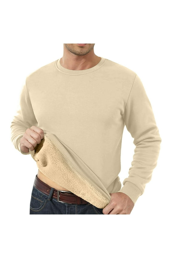 Men'S Soft Fleece Crewneck Sweatshirt, Casual Long Sleeve Pullover For Winter Warmth, Cozy Streetwear Top With Fuzzy Lining, Fall Daily Wear Essentials, Workout Sweatshirt (S, Beige) ZManTrek