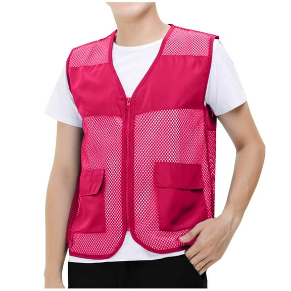 Men'S Solid-Color Convenient Mesh Outdoor Breathable Zipper Pocket V-Neck Tank Top Fishing Vest Summer Outdoor Mesh Work Journalist'S Vest Jacket
