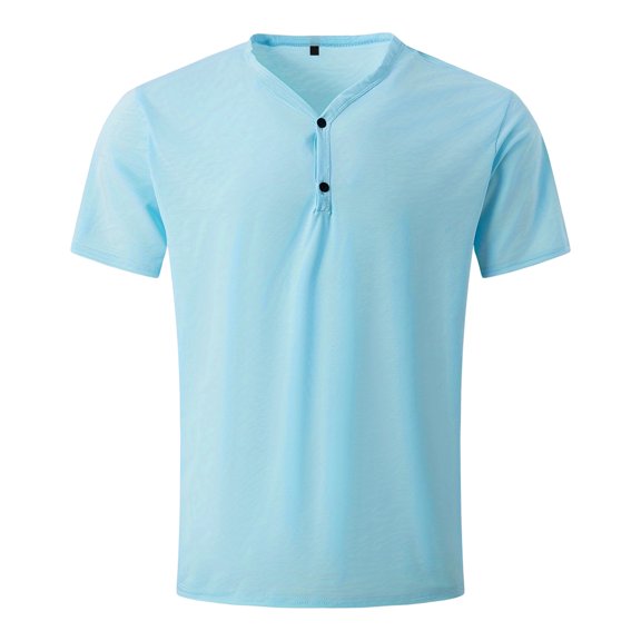 Men'S Solid Color Henley V Neck Short Sleeve T Shirt With Button Placket Casual Breathable Tops For Summer Daily Wear And Commute,Sky Blue,M