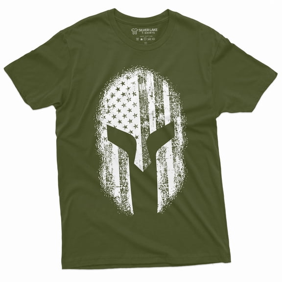 Men'S Spartan Helmet American Flag Tee Shirt Cool Warrior Helmet Us Tee (Small Military Green)