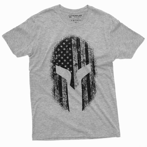 Men'S Spartan Helmet American Flag Tee Shirt Cool Warrior Helmet Us Tee (X-Large Grey)