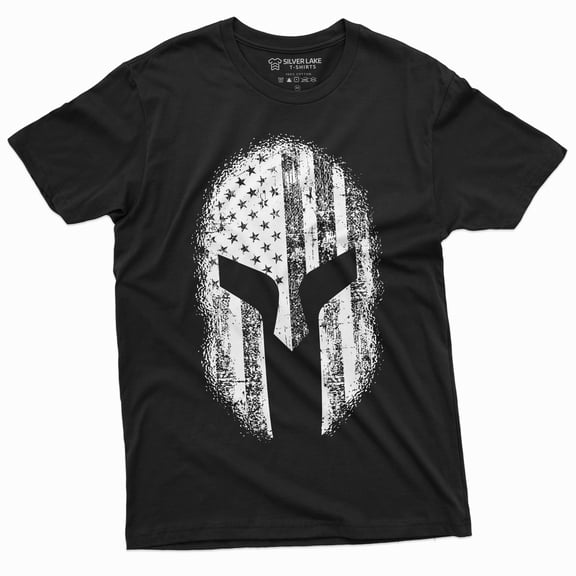 Men'S Spartan Helmet American Flag Tee Shirt Cool Warrior Helmet Us Tee
