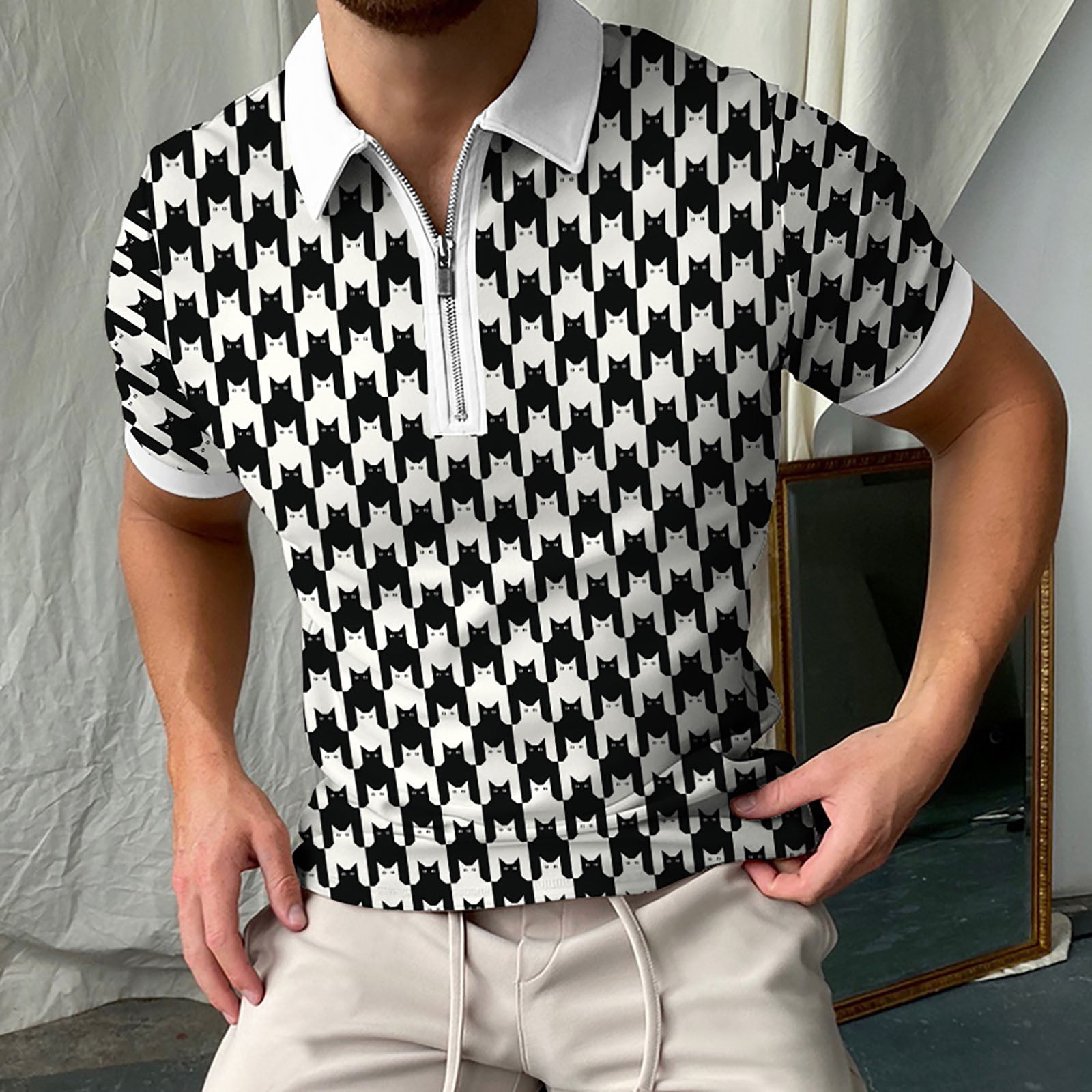 Men'S Spring And Summer Short-Sleeved Zipper Lapel Houndstooth Print  T-Shirt Top 