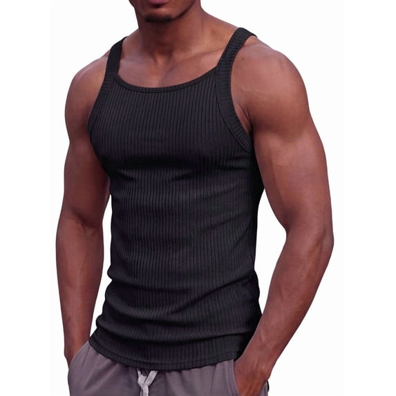 Men'S Square Neck Ribbed Slim Fit Sports Tank Top Black S