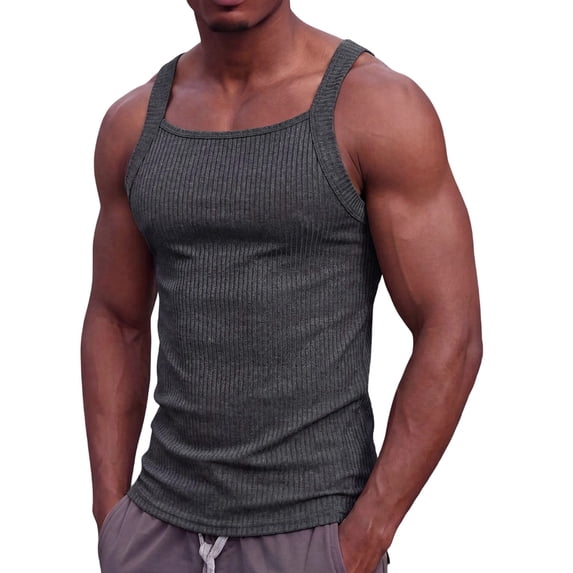 Men'S Square Neck Ribbed Slim Fit Sports Tank Top Dark Gray L