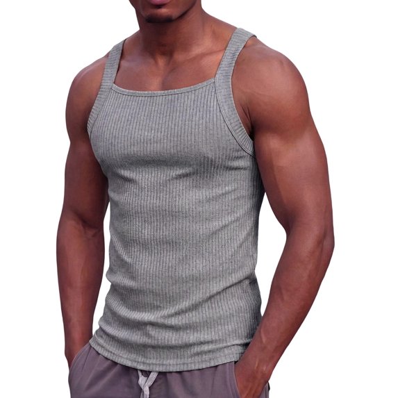 Men'S Square Neck Ribbed Slim Fit Sports Tank Top Light Gray S