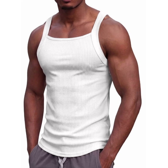 Men'S Square Neck Ribbed Slim Fit Sports Tank Top White XXL