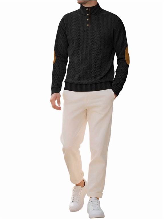 Men'S Stand Collar Button Placket Elbow Patch Long Sleeve Knit Pullover Sweater