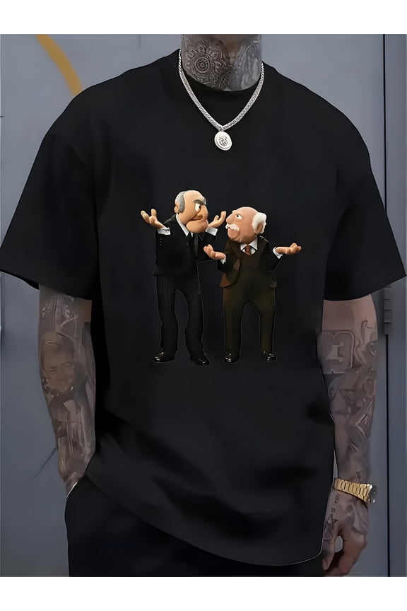 Men'S Statler & Waldorf 'Puppet Show' Black T-Shirt - Premium Digital Print, Machine Washable, Year-Round Casual Crew Neck Style