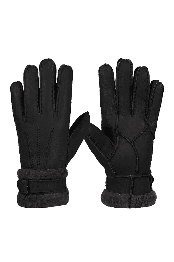 Men'S Strong Sheepskin Wool Leather Gloves Mittens - Black