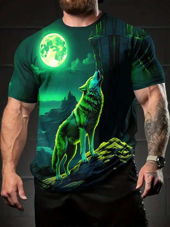 Men'S Summer 3D Digital Print Glow-In-The-Dark Wolf Howling Fantasy T-Shirt, Casual And Comfortable Round-Neck Short-Sleeve, Suitable For Daily Wear And Sports, A Perfect Gift For Men