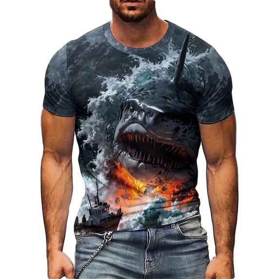 Men'S Summer 3D Printed Shark T-Shirt, Casual Short-Sleeved Patterned T-Shirt, Suitable For Streetwear And Fashion.