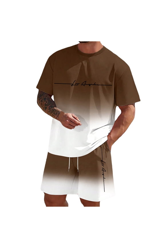 Men'S Summer Beach 2 Piece Outfits Summer Short Sleeve Letter Print Shirt and Shorts Set Solid Gym Workout Running Sets (Brown,L)