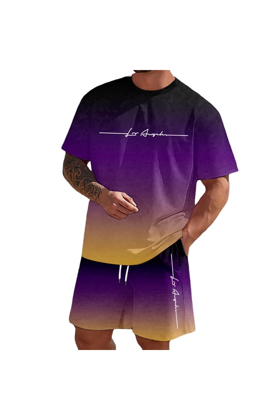Men'S Summer Casual 2 Piece Outfits Cartoon Graphic Printed Short Sleeve Tee and Shorts Tracksuits Fashion Print Outfits (Purple,2XL)