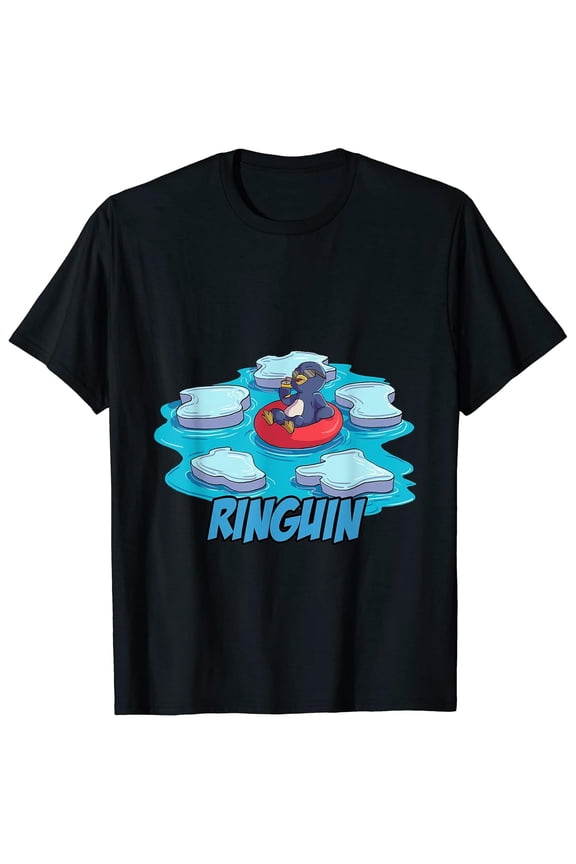 Men'S Summer Casual Crew Neck T-Shirt with Swimming Penguin Print, Geometric Pattern Knit Fabric, Regular Fit Short Sleeve Tee with Slight Stretch - Perfect Gift for Penguin Fans