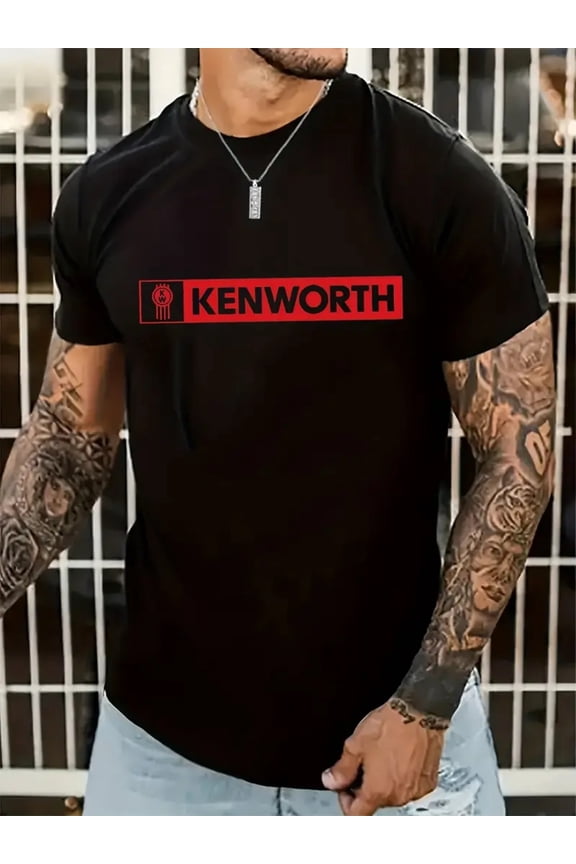 Men'S Summer Casual Short Sleeve T-Shirt - Regular Fit Round Neck Tee with Bold "KENWORTH" Print, White Polyester Blend for Casual Attire, Leisure Clothing | Trendy Casualwear | Comfortable Fit