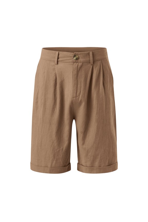 Men'S Summer Casual Shorts With Button Closure Pleated Front Cuffed Hem Chino Shorts For Office Commute And Smart Casual Daily Wear Shorts,Light Brown,L