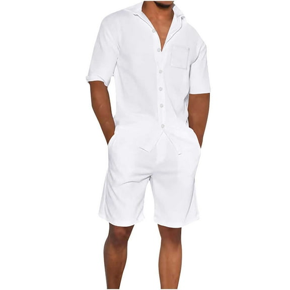 Men's Summer Clothing Men's Sports Suit Slim Fitting Short Sleeved Lapel Pocket Shorts Casual Beach Vacation Two-Piece Set Beach Outfits for Men