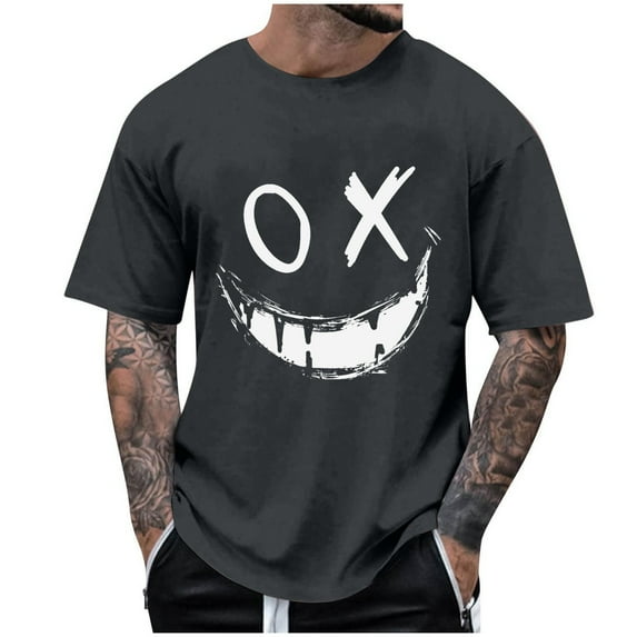 Men's Summer Shirt Solid Color Printed Short Sleeve Round Neck Regular Casual Basic Shirt Evil Face Graphic T Shirt Oversized Funny T-Shirts S-5Xl