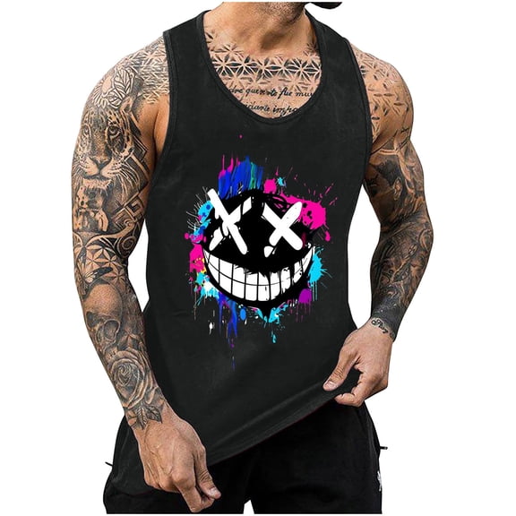 Men's Summer Tank Top Solid Color Printed Sleeveless Round Neck Thin Strap Leakage Back Regular Casual Athletic Tank Blouses