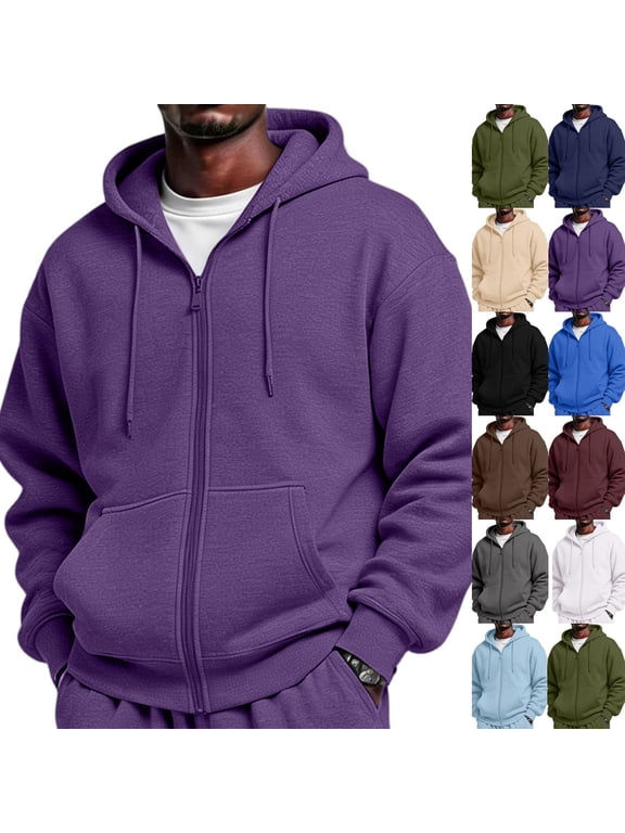 Men'S Sweatshirts Fleece Oversized Hooded Sweatshirt with Pockets Long Sleeve Zip Up Hoodie Warm Fall Sweatshirt,L,Purple
