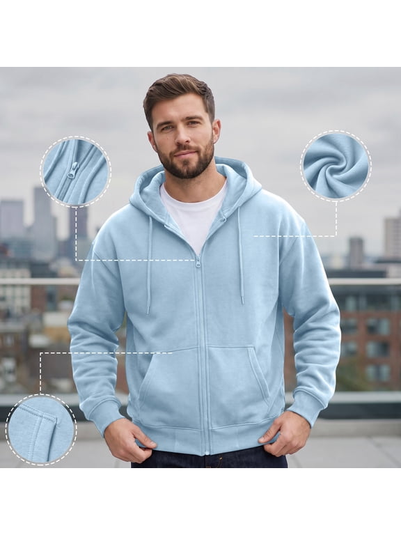 Men'S Sweatshirts Fleece Oversized Hooded Tops with Pockets Long Sleeve Zip Up Hoodie Warm Fall Sweatshirt,L,Light Blue