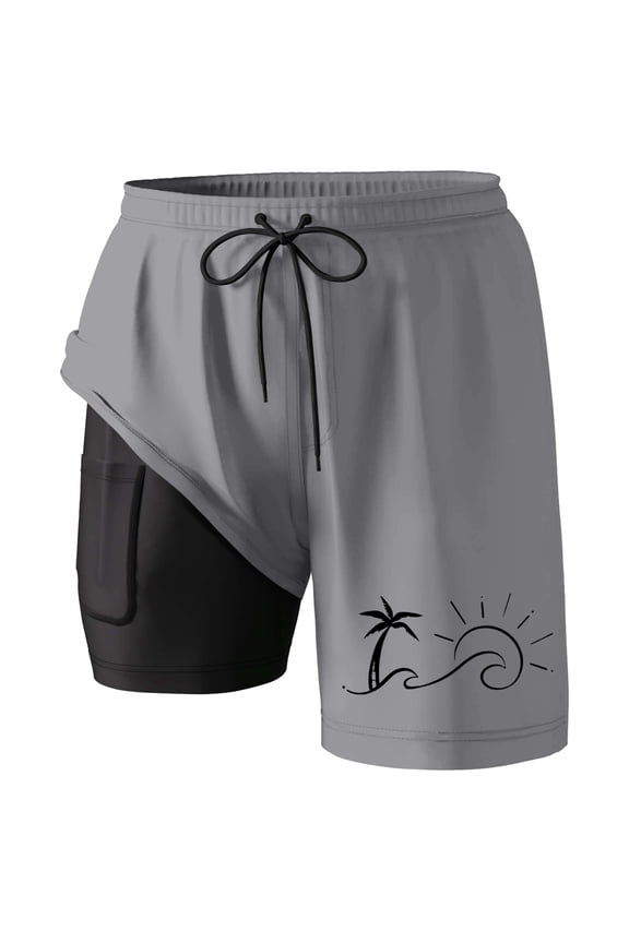 Men'S Swim Trunks Compresssion Liner Inseam Board Bathing Suit Pockets Beach Pants,Grey,2XL