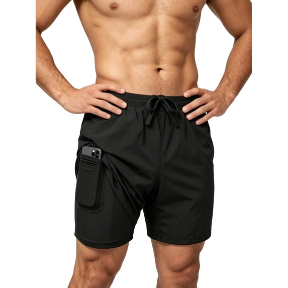 Men'S Swim Trunks with Compression Liner Stretch Swimming Shorts with Pockets Black XXL