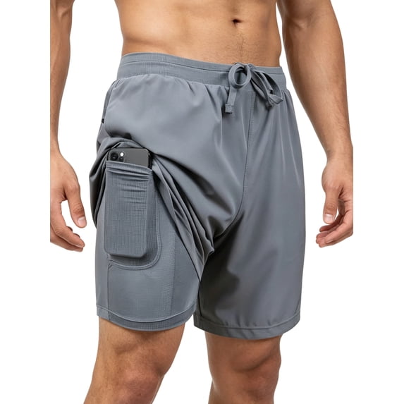 Men'S Swim Trunks with Compression Liner Stretch Swimming Shorts with Pockets Light Gray XXXL