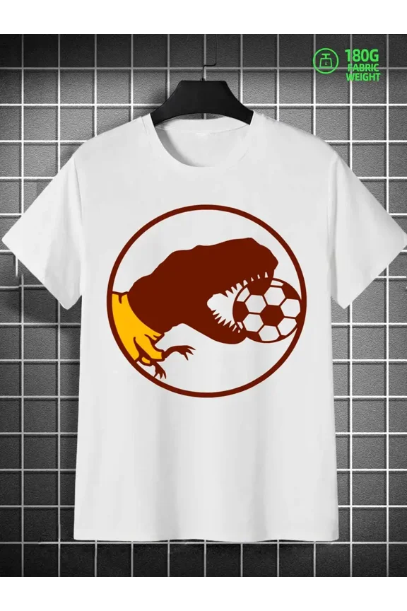 Men'S T-Rex Soccer Graphic T-Shirt 180gsm 100% - White with Brown Dinosaur & Soccer Print, All-Season Casual & Athletic Wear, Durable Gym, Running, Training Tee for Men