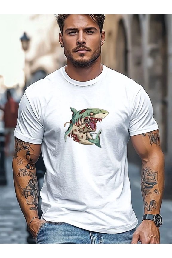Men'S T-Shirt, Featuring A Cartoon Zombie Shark Design