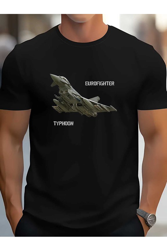 Men'S T-Shirt Featuring a Graphic of The Eurofighter Typhoon Jet Fighter - a Black Short-Sleeve Tee Designed with Military Aircraft Imagery, Perfect for Aviation Fans, Offering a Comfortable