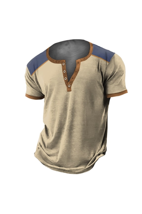 Men'S T Shirts 3D Printing Street Trend 4 Button Open Placket Short Sleeved T Shirt Digital Printing Khaki XL