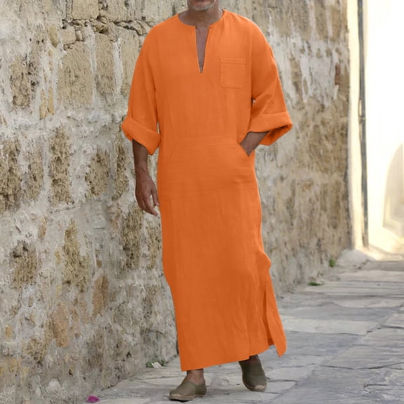 Men'S T Shirts Fashion Long Sleeve Linen Tunic Shirt With Modern Casual Minimalist Aesthetic For Everyday Comfort Orange S
