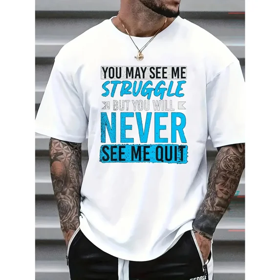 Men'S T-Shirts with 'Never Give Up' Slogan, Spacious, Cozy, Made from with a Round Neckline