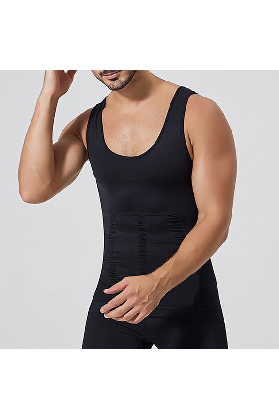 Men'S Tank Tops Compression Shirt Slimming Body Vest Workout Abs Abdo Undershirts Black 2XL