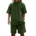 thumbnail image 1 of Men'S Terry Cloth Loose Fit Drop Shoulder Short Sleeve T Shirt And Drawstring Waist Shorts Set Casual Summer Loungewear For Daily Wear,Army Green,L, 1 of 4