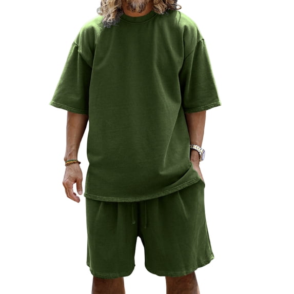 Men'S Terry Cloth Loose Fit Drop Shoulder Short Sleeve T Shirt And Drawstring Waist Shorts Set Casual Summer Loungewear For Daily Wear,Army Green,L