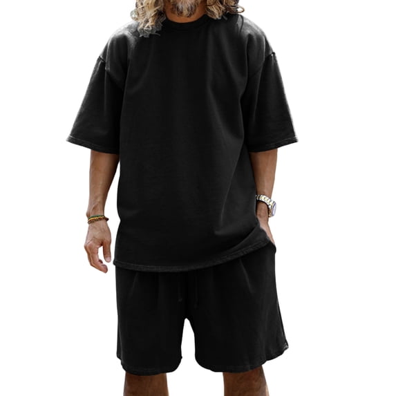 Men'S Terry Cloth Loose Fit Drop Shoulder Short Sleeve T Shirt And Drawstring Waist Shorts Set Casual Summer Loungewear For Daily Wear,Black,L