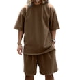 thumbnail image 1 of Men'S Terry Cloth Loose Fit Drop Shoulder Short Sleeve T Shirt And Drawstring Waist Shorts Set Casual Summer Loungewear For Daily Wear,Brown,XL, 1 of 4