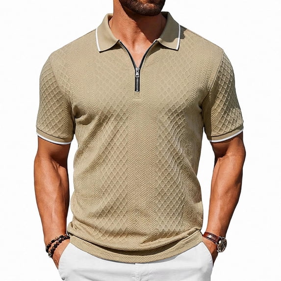 Men'S Textured Knit Half Zip Collared Short Sleeve Polo Shirt Retro Casual Tops For Summer Daily Wear And Golf Sports,Khaki,M