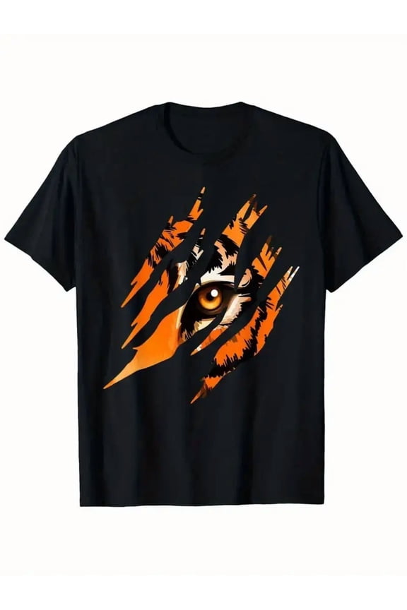 Men'S Tiger Eye Graphic T-Shirt | 100%, Black with Vibrant Orange & White Tiger Print, Crew Neck, Short Sleeve, Perfect for All Seasons and Casual Occasions