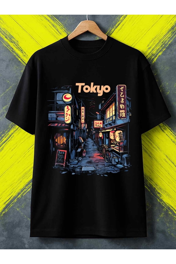 Men'S Tokyo Nightlife Graphic Tee - Black Y2K Japanese Street Style Shirt Featuring Neon Anime Art, Regular Fit Casual Top for Year-Round Wear, Perfect Gift for Anime Enthusiasts And Urban Fashion Lo